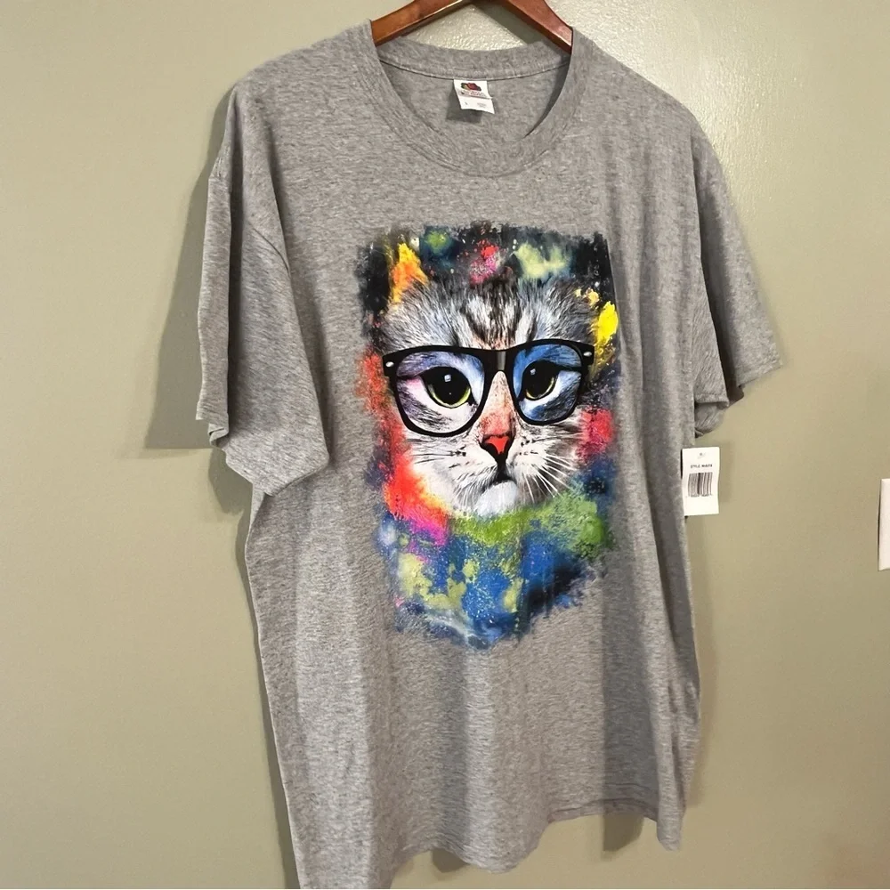 Fruit Lum VTG 2000 Gray Cat In Glasses  Graphic T-Shirt Womens Cotton L NWT